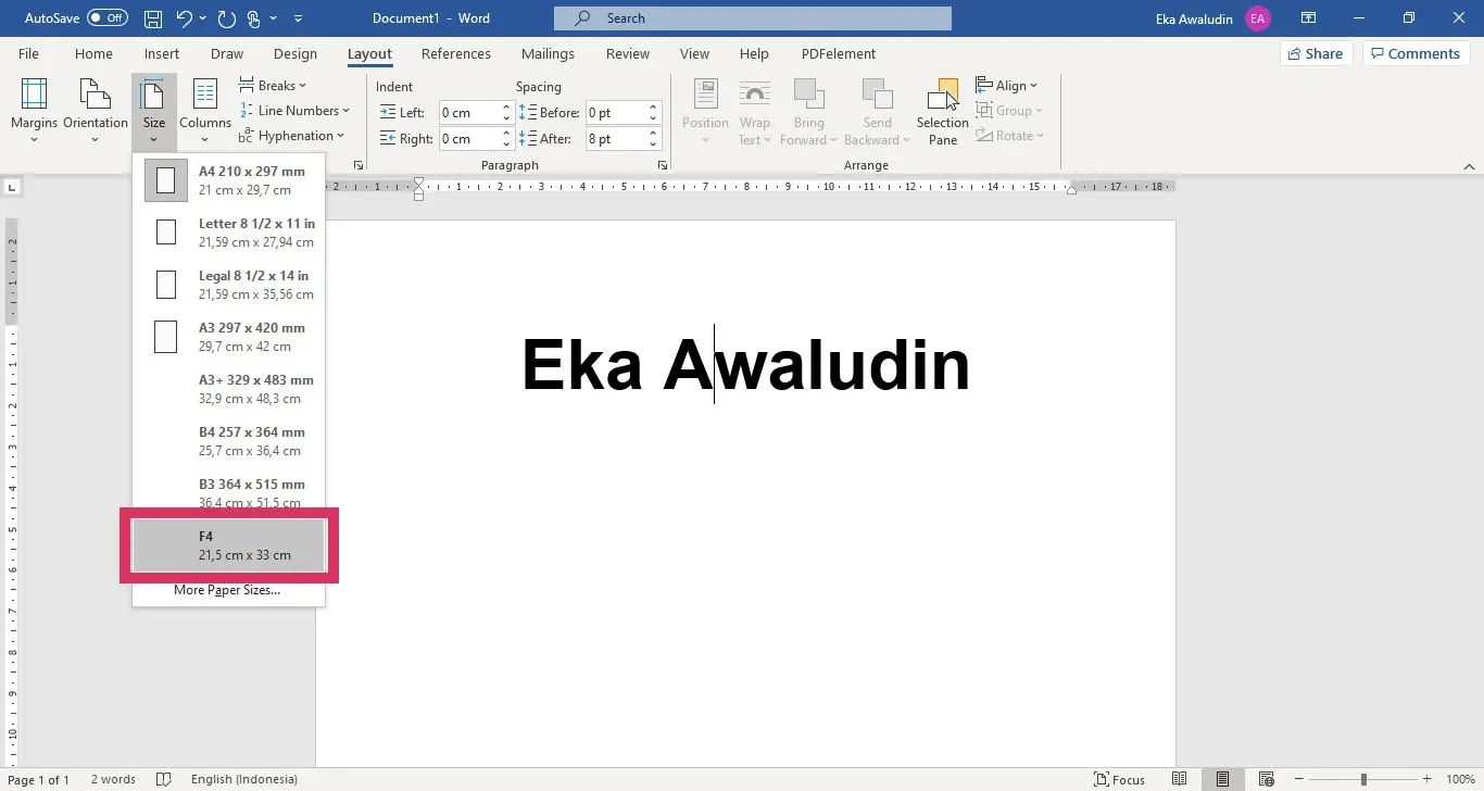 Pilihan kertas F4 muncul.